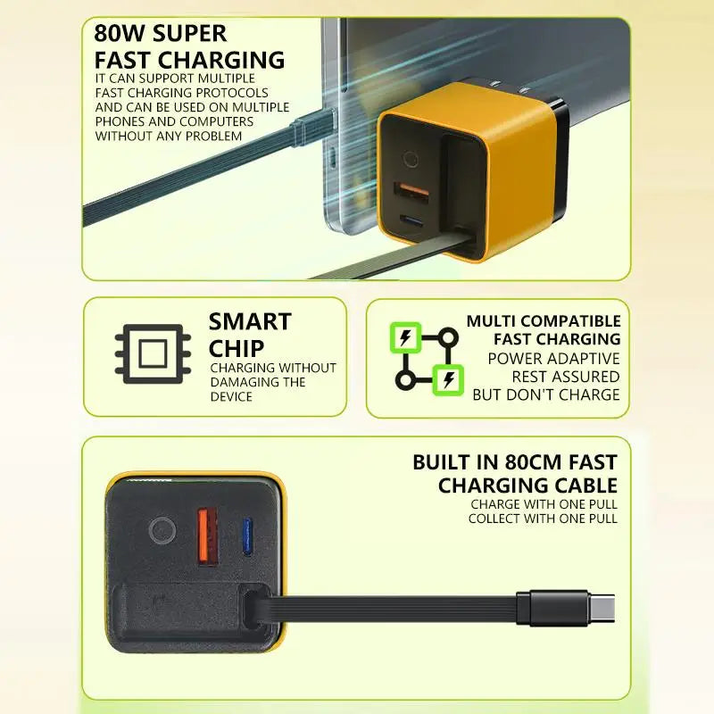 GaN 80W Beast: All-in-1 Retractable Charger